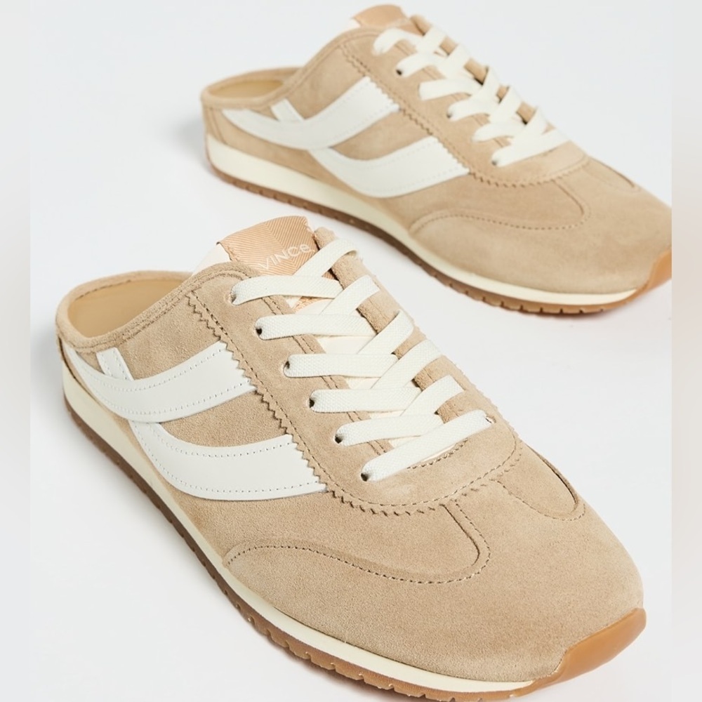 Vince Beige and White Suede Mules Oasis